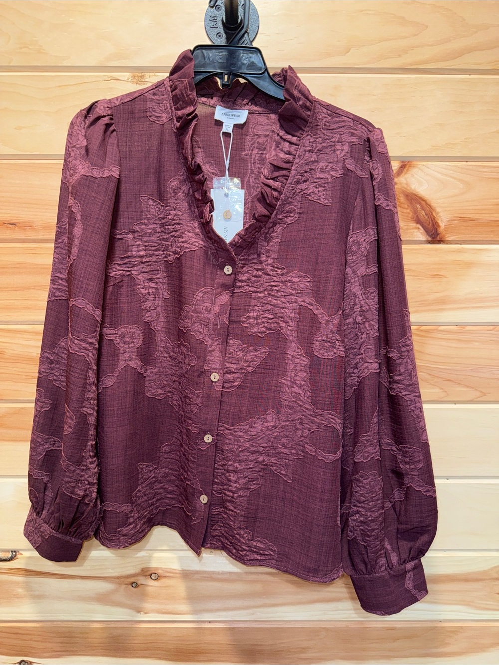Anniewear Wine Textured Ruffle V-Neck Button Blouse